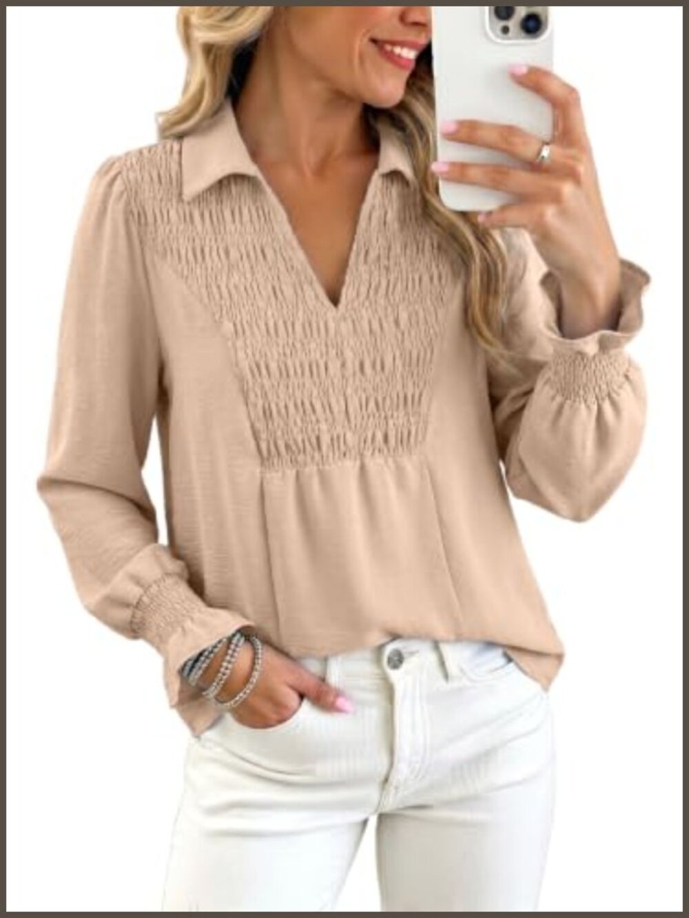 Long Sleeve V Neck Smocked Blouse Loose Fit Business Casual Top